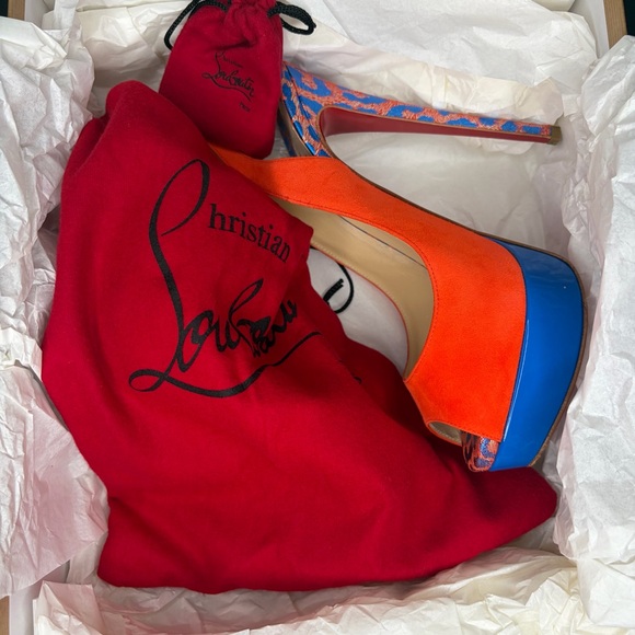 Christian Louboutin Red Suede Peep-Toe Platform Slingback with Blue Platform - Picture 7 of 7